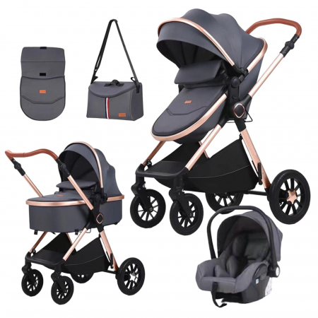 Carucioare copii - Carucior 3 in 1 reversibil, cu suspensii, cu scoica, parte sport transformabila in landou, T5 gri