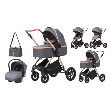 Carucioare copii - Carucior 3 in 1 reversibil, cu suspensii, cu scoica, parte sport transformabila in landou, T5 gri
