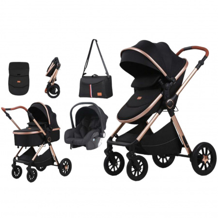 Carucioare copii - Carucior 3 in 1 reversibil, cu suspensii, cu scoica, parte sport transformabila in landou, T5 negru