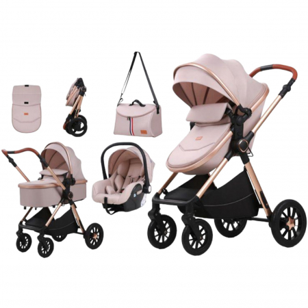 Carucioare 3 in 1 - Carucior 3 in 1 reversibil, cu suspensii, cu scoica, parte sport transformabila in landou, T5 Crem