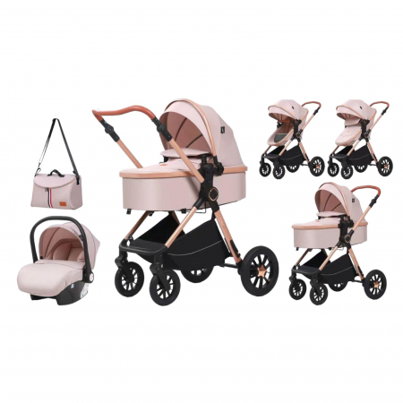 Carucioare 3 in 1 - Carucior 3 in 1 reversibil, cu suspensii, cu scoica, parte sport transformabila in landou, T5 Crem