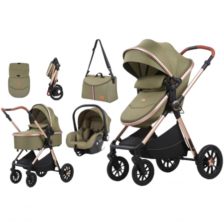Carucioare copii - Carucior 3 in 1 reversibil, cu suspensii, cu scoica, parte sport transformabila in landou, T5 verde