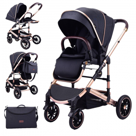 Carucioare copii - Carucior 3 in 1 transformabil, reversibil, pliabil, F6 Luxury Black