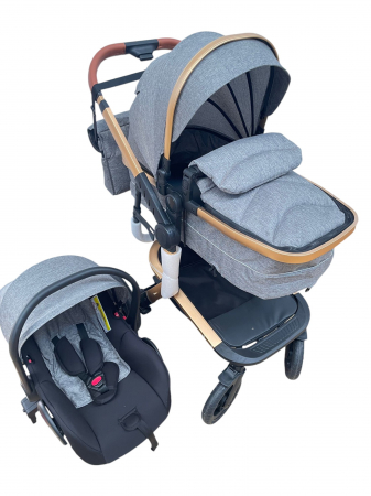 Carucioare copii - Carucior 3 in 1cu maner reversibil, transformabil landou-sport si scoica, 517 Gri
