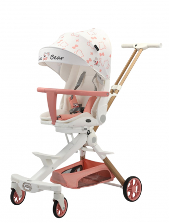 Carucioare copii - Carucior C2 Deluxe, reversibil, pliabil, cu lumini si muzica, Alb cu roz