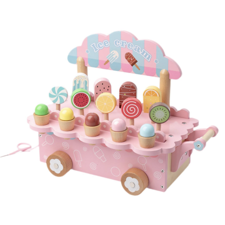 Jocuri si Jucarii - Carucior din lemn Gelaterie Ice Cream Cart cu accesorii magnetice si copertina, roz, +3 ani