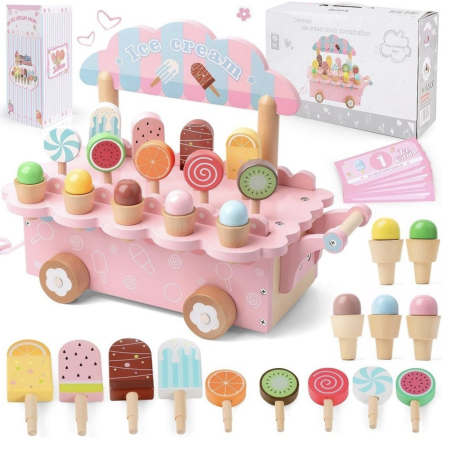 Jocuri si Jucarii - Carucior din lemn Gelaterie Ice Cream Cart cu accesorii magnetice si copertina, roz, +3 ani