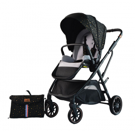 Carucioare copii - Carucior reversibil pliabil, cu husa picioare, 0-36 luni, C7 Negru cu auriu