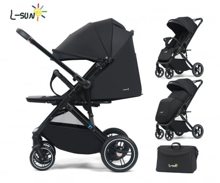 Carucioare copii - Carucior sport Q1, Negru, cu maner reversibil, pozitie de somn, pliabil, cu husa si geanta