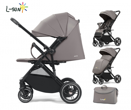 Carucioare copii - Carucior sport Q1, Gri, cu maner reversibil, pozitie de somn, pliabil, cu husa si geanta