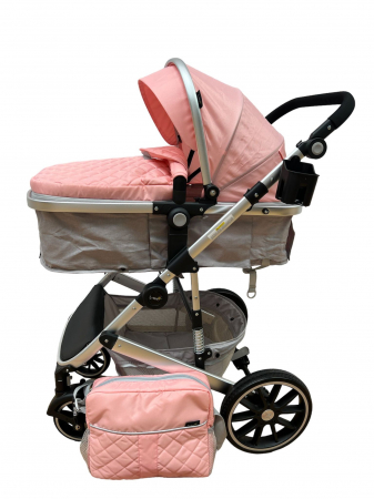 Carucioare 2 in 1 - Carucior T1, 2 in 1, cu suspensii, reversibil, cu geanta, roz/gri