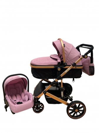 Carucioare 3 in 1 - Carucior T4, 3 in 1, cu suspensii, transformabil landou-sport, roz/negru