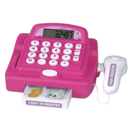 Jocuri si Jucarii - Casa de marcat de jucarie cu scanner, card si accesorii alimente, roz, 20.5 cm, +3 ani