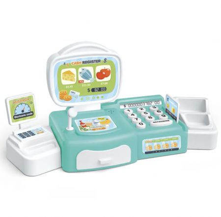 Negustor - Case de marcat, Supermarket - Casa de marcat cu sertare laterale Happy Family, cu sunete si lumini, vernil