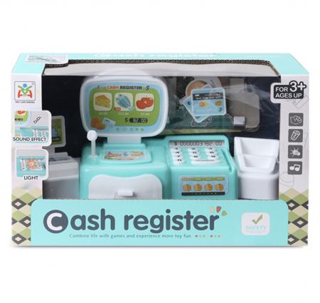 Negustor - Case de marcat, Supermarket - Casa de marcat cu sertare laterale Happy Family, cu sunete si lumini, vernil