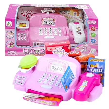 Negustor - Case de marcat, Supermarket - Casa de marcat interactiva pentru copii cu sunete, scanner si 18 accesorii, roz, +3 ani