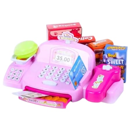 Negustor - Case de marcat, Supermarket - Casa de marcat interactiva pentru copii cu sunete, scanner si 18 accesorii, roz, +3 ani