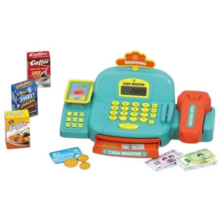 Negustor - Case de marcat, Supermarket - Casa de marcat interactiva pentru copii cu sunete, scanner si 18 accesorii, verde, +3 ani