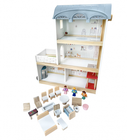 Casute si accesorii papusi - Casuta de papusi cu mobilier si personaje, din lemn cu accesorii de plastic