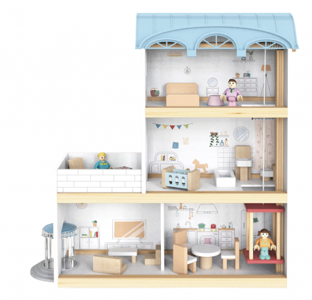 Casute si accesorii papusi - Casuta de papusi cu mobilier si personaje, din lemn cu accesorii de plastic