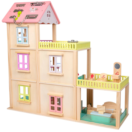 Casute si accesorii papusi - Casuta de papusi din lemn cu 3 etaje, mobilier, lift, terasa si acoperis senzorial