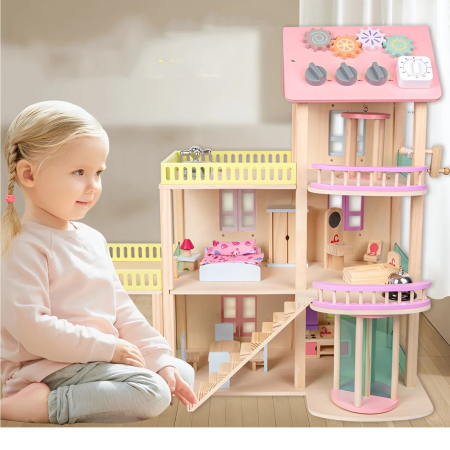 Casute si accesorii papusi - Casuta de papusi din lemn cu 3 etaje, mobilier, lift, terasa si acoperis senzorial