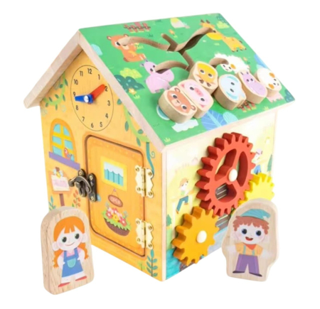 Casute si cuburi cu activitati - Casuta multifunctionala cu activitati, ceas, roti zimtate, sortator forme