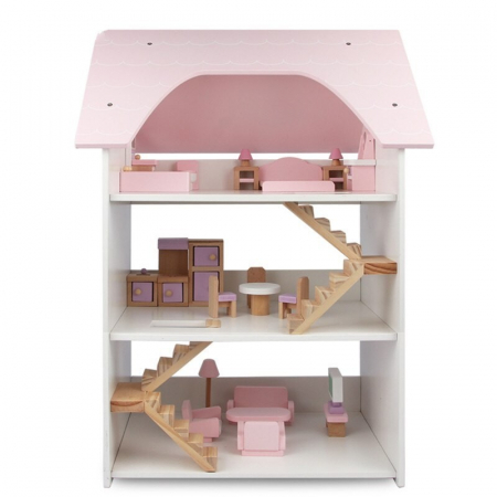 Casute si accesorii papusi - Casuta pentru papusi, cu 3 nivele, Big Pink Villa, din lemn, 19004