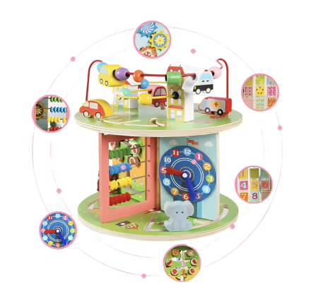 Centru cu activitati 8 in 1 Montessori, rotativ, cu abac si circuit sarme, din lemn [3]