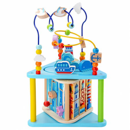 Casute si cuburi cu activitati - Centru cu activitati multiple Montessori, rotativ, Ocean life, 38x26x23 cm, din lemn