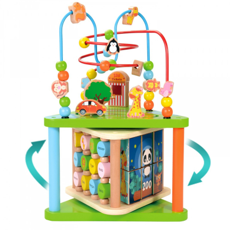 Casute si cuburi cu activitati - Centru cu activitati multiple Montessori, rotativ, Zoo life, 38x26x23 cm, din lemn