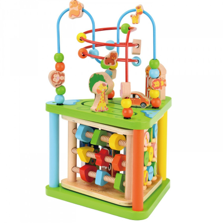 Casute si cuburi cu activitati - Centru cu activitati multiple Montessori, rotativ, Zoo life, 38x26x23 cm, din lemn