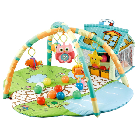 Jocuri si Jucarii - Centru de Activitati, Casuta si Tarc cu Bile 3 in 1 – Happy Farm, cu Saltea si 30 Bile Colorate Incluse