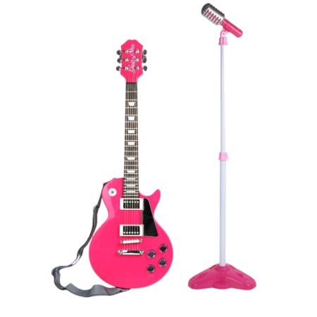 Jocuri si Jucarii - Chitara Electrica Copii 68 cm Cu Microfon Pe Stativ Reglabil, Roz, 4-8 Ani
