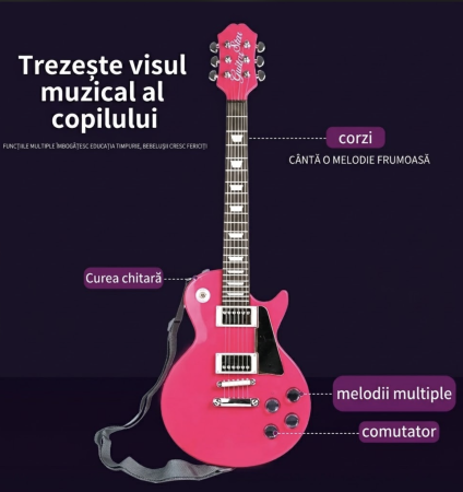 Jocuri si Jucarii - Chitara Electrica Copii 68 cm Cu Microfon Pe Stativ Reglabil, Roz, 4-8 Ani