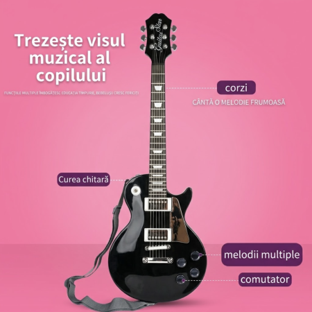 Jocuri si Jucarii - Chitara Electrica Copii 68 cm Cu Microfon Pe Stativ Reglabil, Negru, 4-8 Ani