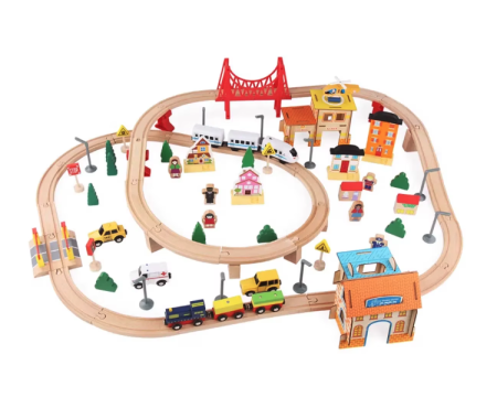Trenulete si circuite din lemn - Circuit trenulet cu sine si peisaj, 108 piese din lemn, 2 trenulete, din lemn