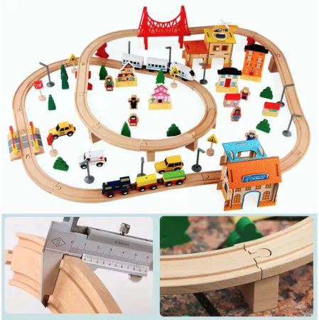 Circuit trenulet cu sine si peisaj, 108 piese din lemn, 2 trenulete, din lemn [2]