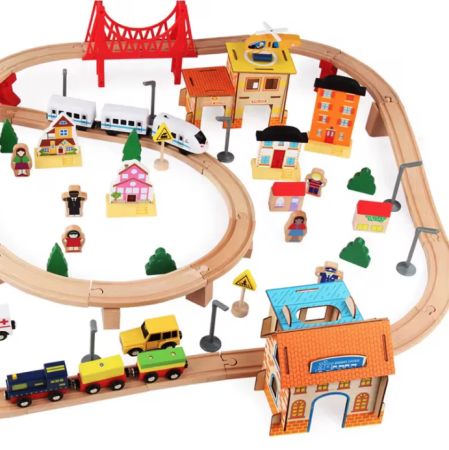 Circuit trenulet cu sine si peisaj, 108 piese din lemn, 2 trenulete, din lemn [3]