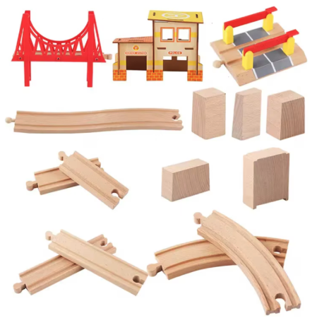 Circuit trenulet cu sine si peisaj, 108 piese din lemn, 2 trenulete, din lemn [5]