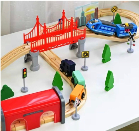 Jocuri si Jucarii - Circuit Montessori cu 2 Trenulete Magnetice, 54 piese, din lemn