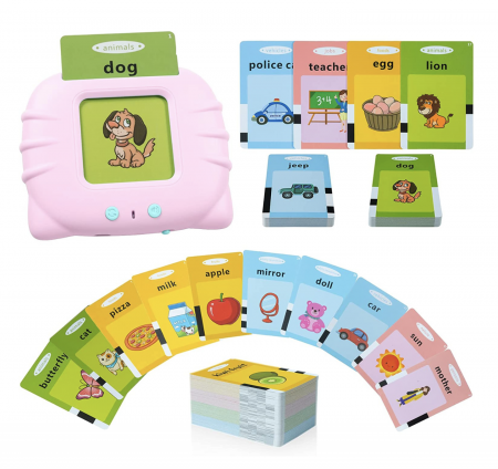 Jucarii educative si interactive - Cititor interactiv cu 112 carduri educative – Jucarie de invatare copii mici, roz