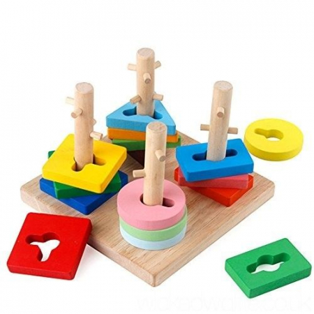 Jucarii de sortat si motricitate fina - Joc Montessori de indemanare cu 4 Coloane Sortatoare De Forme, Din Lemn