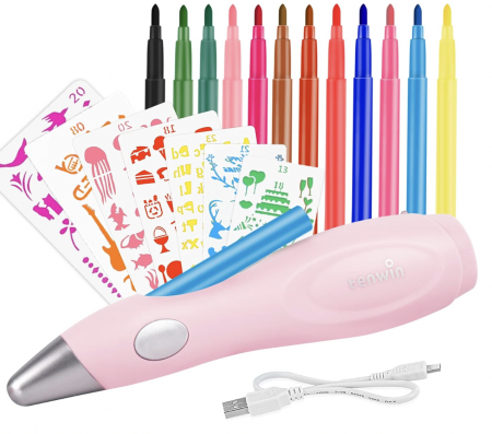 Jocuri de indemanare manuala - Creion inteligent de imprimare 3D, cu 12 carioci si sabloane, incarcare USB, roz