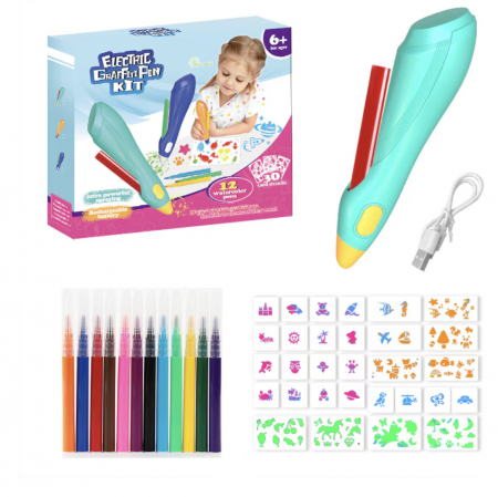 Jocuri de indemanare manuala - Creion inteligent de imprimare 3D, cu 12 carioci si sabloane, incarcare USB, bleu