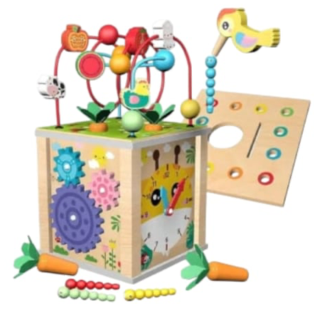 Jocuri si Jucarii - Cub Activitati Educativ Montessori 10 in 1, din lemn, Ciocanitoare si Xilofon