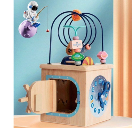 Casute si cuburi cu activitati - Cub Activitati Educativ Montessori Orbita Spatiala, din lemn