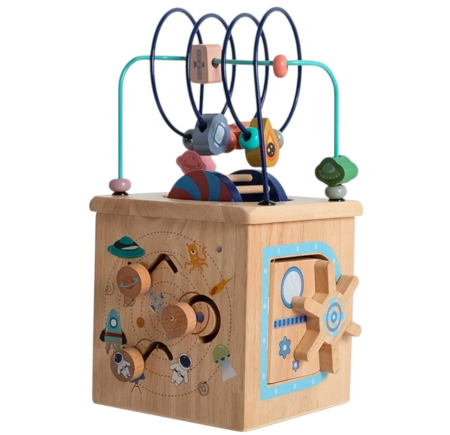 Casute si cuburi cu activitati - Cub Activitati Educativ Montessori Orbita Spatiala, din lemn