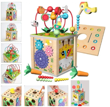 Jocuri si Jucarii - Cub Activitati Educativ Montessori 10 in 1, din lemn, Ciocanitoare si Xilofon