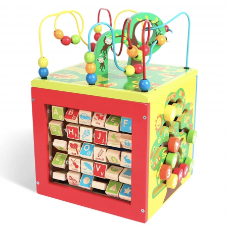 Casute si cuburi cu activitati - Cub cu activitati 5 in 1 Montessori, Forest Beads